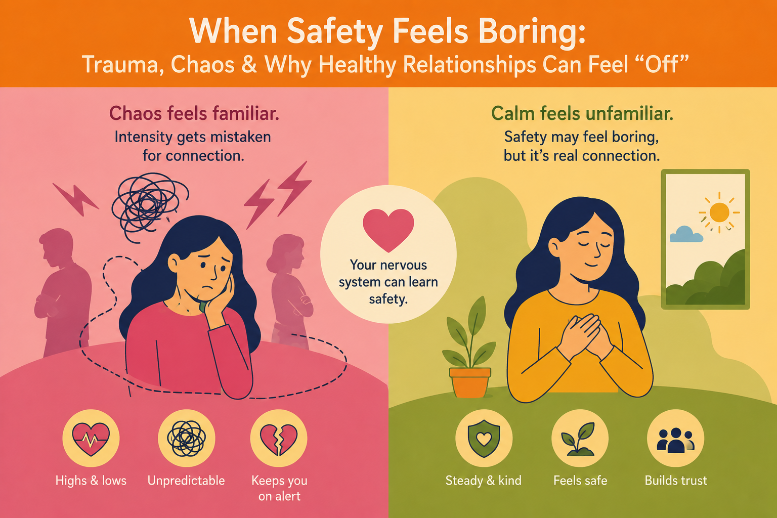 When Safety Feels Boring: Trauma, Chaos & Why Healthy Relationships Can Feel “Off”